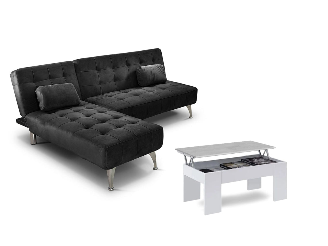 Sofa Cama Chaise Longue XS Negro Mesa de Centro Blanco