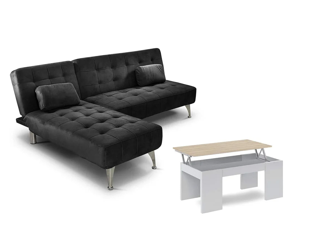 Sofa Cama Chaise Longue XS Negro Mesa de Centro Blanco