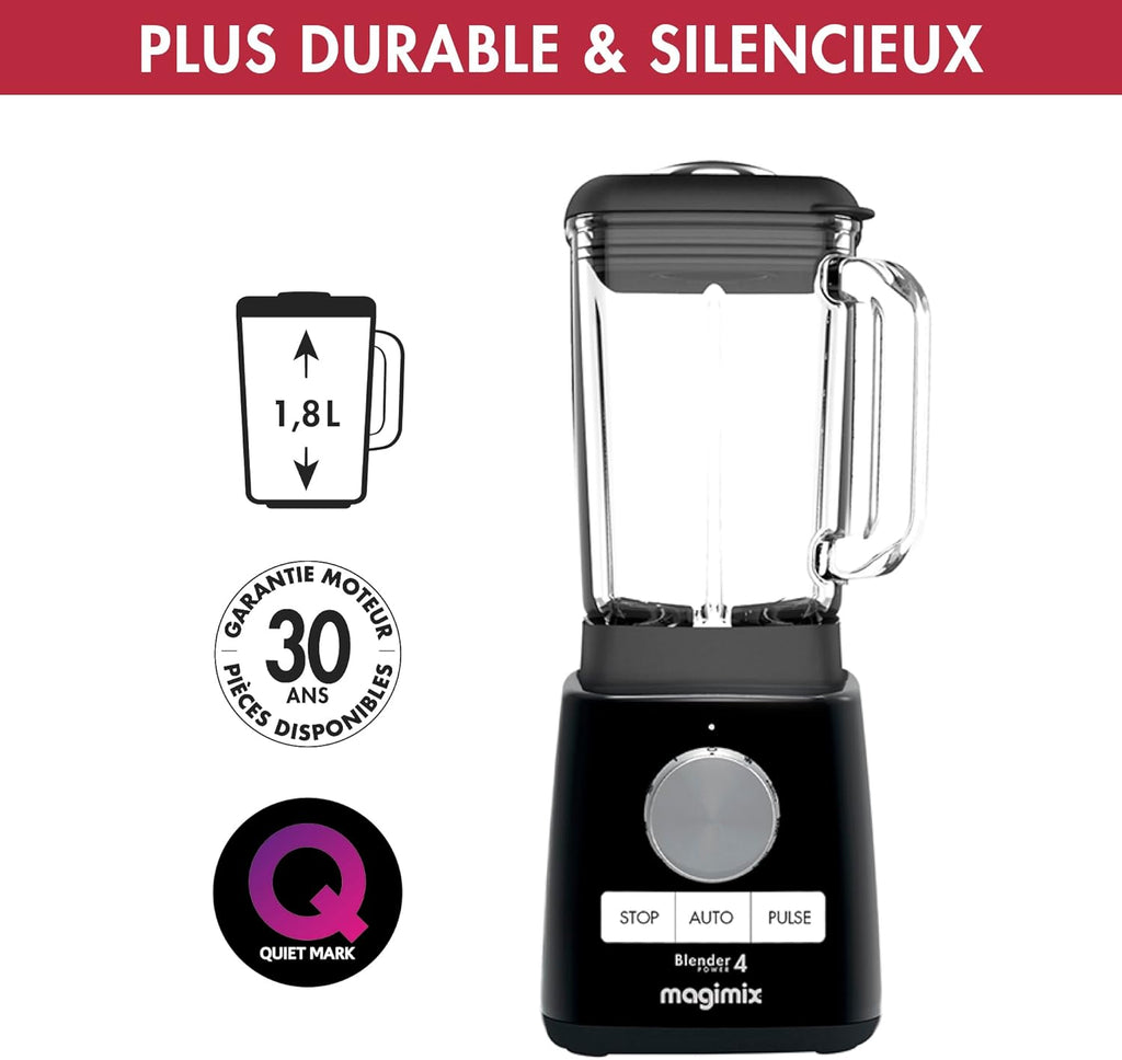 Magimix Blender Power Batidora Profesional 4 - Licuadora Eléctrica, Picadora, Batidora para Smoothies, Robot Picador Multifuncional - Vaso de vidrio - Negro