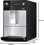 Melitta Purista Plateado, Máquina de Café en Grano con Molinillo y Sistema de Extracción de Aromas, Silenciosa, Modo 1 a 2 Tazas, Cafetera Espresso 1L, Automática, F230-101.