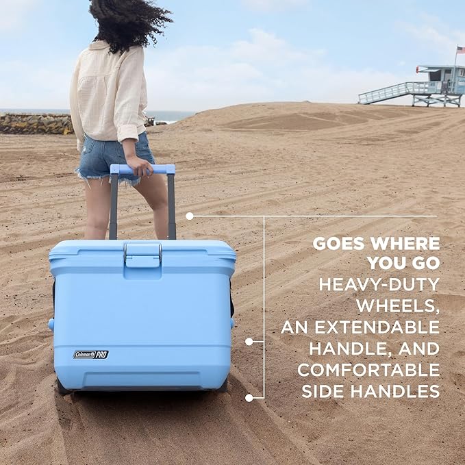 Nevera rígida Coleman Pro de 55 pintas, ultraligera y de alta gama, con aislamiento extra grueso para conservar el hielo hasta 5 días, capacidad para 92 latas, ruedas robustas.