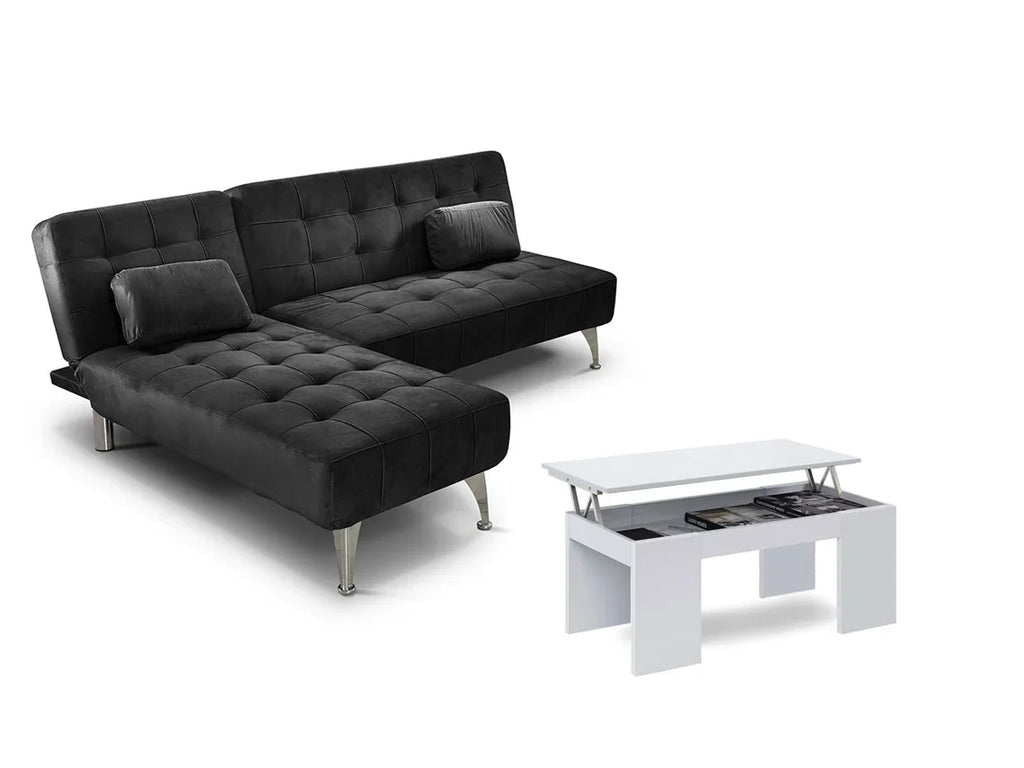 Sofa Cama Chaise Longue XS Negro Mesa de Centro Blanco