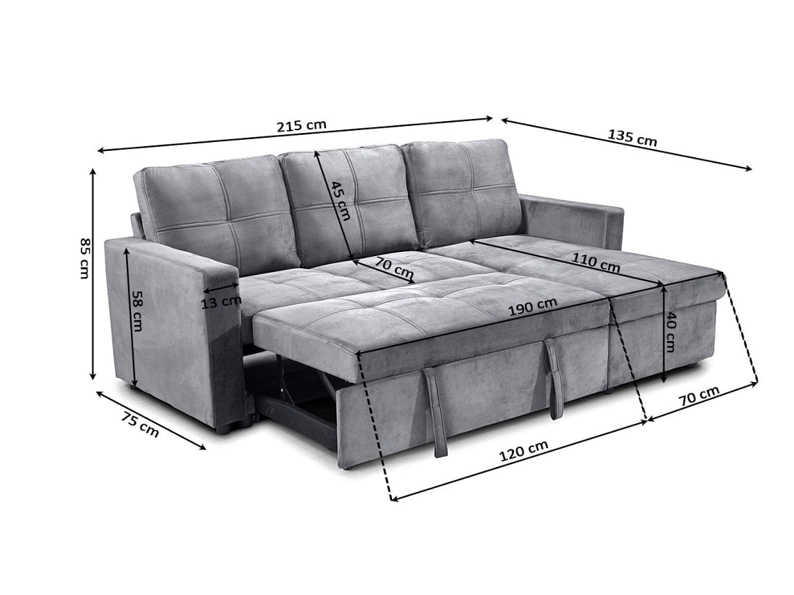 Sofa Cama Chaise Longue Pau 215cm Negro (215 x 85 x 135 cm)